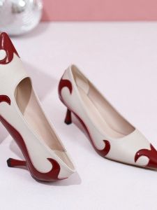 Spring New Arrival High Heels Womens Shoes Leather Pointed Toe Thin Heel Evening Party Shoes Color Block Fashionable Single Shoes