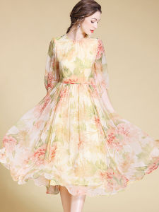 Elegant Silk Floral Print Long Dress Womens Autumn New Style Korean Version Bubble Sleeve A-Line Skirt Standard Fit Zipper Closure