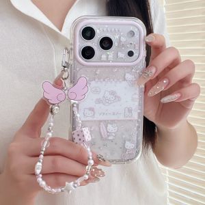 Sanrio | Cartoon Pink Collage Surfing Hello Kitty Cat Phone Case For iphone 17 16 15 Pro Max With Chain Pendant AntiDrop Protective Cover
