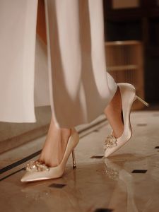 French Wedding Shoes Hexiu Wedding Dress Two-Way Champagne Bridal Shoes Fancy Engagement Shoes Plus Size Satin High Heels for Women