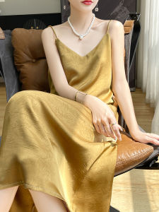 ชุดเดรสยาวผ้าซาตินอะซิเตทมีสไตล์ย้อนยุคสำหรับผู้หญิง เดรสยาวคลุมเข่าคอวี กระโปรงทรงเอ ฤดูใบไม้ผลิและฤดูร้อน