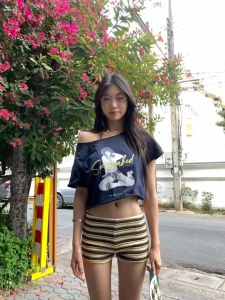 ❣Fortunee ❣ เสื้อยืดแขนสั้นลายพิมพ์สไตล์สปอร์ตเกิร์ล รุ่นใหม่ฤดูร้อน ทรงสั้น ดีไซน์วินเทจ สำหรับสาวแซ่บ