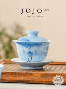 Hand-Painted Blue Lotus Ceramic Tea Set High-End Tea Utensils Anti-Scalding Three-Axis Cover Bowl Country River Style