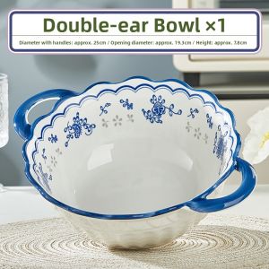 Underglaze Color Double Ear Thickened Heat-Insulated Blue and White Ceramic Soup Bowl