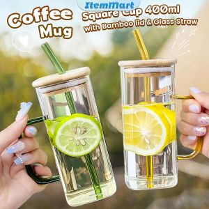 400ml Creative Square Borosilicate Glass Cup with Colored Handle and Bamboo Lid & Glass Straw Juice/Coffee/Tea Cups