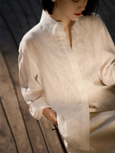 XiaoHanGe 2025 Autumn New Arrival Womens Linen Shirt Warm Pearl White Loose Fit Long Sleeve Polo Collar Regular Length Button