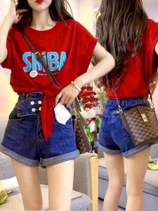 European Goods Korean Style Letters Print Short sleeve T-shirt Women Summer Fashion Shoulder T-shirt All-Match Meat Covering Hem Strap Top