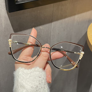 JN IMPRESSION Mắt mèo thời trang đa giác khung ngọc trai khảm kính cá nhân sơn mài tráng chống kính che ánh sáng xanh