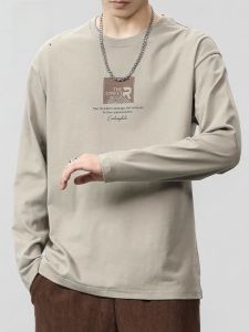 ROMON | Romon Mens Long Sleeve Pure Cotton Round Neck T-shirt Spring Autumn Loose Casual Print Youth Fashion Base Shirt