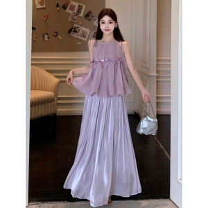 Stylish French Design Bow Strap Top with Midi Skirt Set