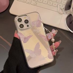 Ốp Lưng Điện Thoại Gương Treo Mặt Dây Chuyền Bướm Cho iPhone 17 AIR 16 Pro Max 15 14 13 12 11 Gương Trang Điểm Dây Đeo Chống Sốc Dành Cho Nữ