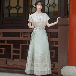 Green Traditional Chinese Cheongsam Set: Women's High Waist A-Line Skirt & Summer Hanfu Dress