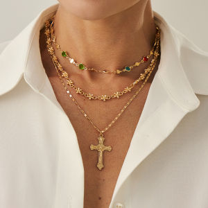 Salircon 3Pcs/set Boho Colorful Crystal Chain Necklace for Women Trendy Gold Color Cross Pendant Choker Luxury Jewelry Male Gift