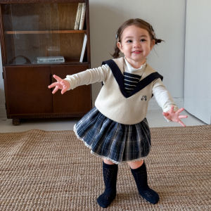 ชุดเดรสสั้นคอตตอนสไตล์เกาหลีสำหรับเด็กผู้หญิง ชุดฤดูใบไม้ร่วงสีน้ำเงินมัลติแกรมมี่ ชุดฤดูใบไม้ร่วงสุดเก๋สำหรับเด็กผู้หญิง