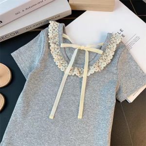 [PRINCESS KESLI] 1-9 Tahun Kaos kasual pita renda kain perca lengan pendek kerah renda 2024 new Katun T-shirts