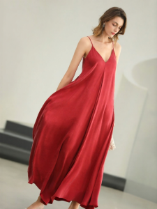 COCOBELLA | Luxurious Copper Ammonium Silk Red Dress V-neck Flared Halter Long Dress