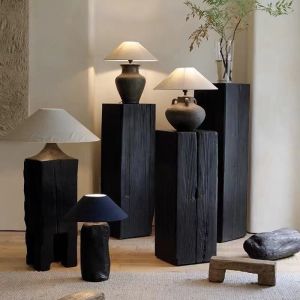 Wabi-Sabi Style Carbonized Wood Bench Entrance Decorative Item Flower Stand Artistic Base Solid Wood Square Black Wood Stool Side Table