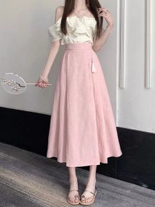 New Chinese Style High Waist Midi Skirt for Women Tassel Trim Student Fashionable A-Line Skirt Pure Color Summer 2024