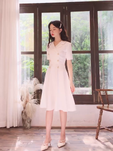 {Shipped From Manila+COD} Classic White Double Breasted Dress | Womens Short Sleeve Mini A-Line Gown for Office & Casual Outing