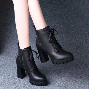Genuine Leather Martin Boots Womens High Heels Thick Bottom Waterproof Platform Tie Sharp Point High Boots Fashionable Short Boots