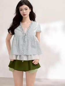 KEIKO | Elegant Ruffle Trim Layered Plaid Blouse