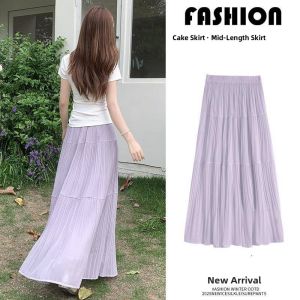 Purple High Waist A-Line Mini Skirt Womens Summer Slimming Umbrella Skirt Pleated Long Skirt Small Cake Skirt Casual Style