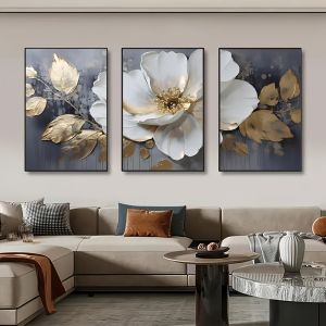 3pcs Modern Abstract Floral Wall Art Prints Golden and White Frameless High-Definition Posters for Living Room Bedroom Study