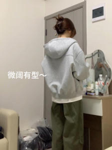 Gray Hooded Sweatshirt Short Jacket Womens Spring Autumn New Design Korean Style Top Fashionable Casual Long Sleeve Zipper