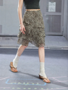 unifree | Chân Váy Midi Voan In Đốm Báo Cao Waist Asymmetric Layered Flowy