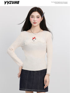 Korean Style Sweet Cute Plush Long Sleeve round Neck Knitted T-Shirt Women Soft Versatile Top Animal Pattern Commute Style Slim Fit