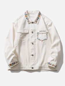 Retro American Design Casual Denim Jacket for Men And Women Spring Autumn Embroidered Flower Loose Fit Long Sleeve Coat