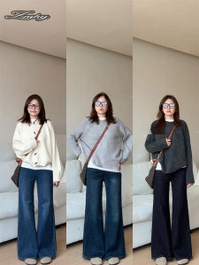 High Waist Flared Jeans Womens Fleece Lined Denim Pants Loose Fit Bootcut Trousers Deep Blue Casual Straight Leg Jeans