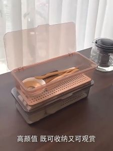 กล่องเก็บอุปกรณ์ครัวพลาสติกใส / ถาดใส่ช้อนส้อมกันฝุ่น / ตะกร้าระบายน้ำบนโต๊ะอาหารพร้อมฝาปิด / กล่องพลาสติกอะครีลิคใสสำหรับใส่อุปกรณ์ครัว ตะกร้าระบายน้ำบนโต๊ะอาหาร กล่องจัดระเบียบเครื่องมือแต่งหน้า