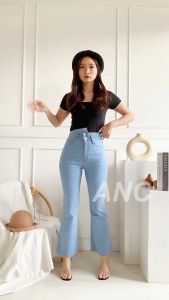 Celana Cutbray Jeans Kancing Dua Wanita - Celana Cutbray HW Slim Young - Cutbray Jeans Jumbo Biru Muda