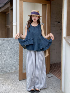 Summer New Style Thin Denim Sleeveless Vest Doll Shirt Set Casual Striped Wide Leg Pants Two Piece Set Womens Fashion Ensemble