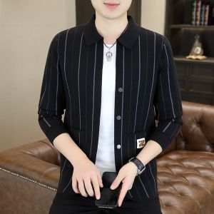 HENGYUANXIANG | Autumn Knitted Sweater Jacket Mens Casual Collarless Cardigan Fashionable Striped Outerwear Comfortable Polyester Blend