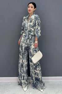 Fashionable Casual Painted Color Block Set Shirt And Long Pants Two-Piece Suit Polyester Fiber 25-35 Years Old Women