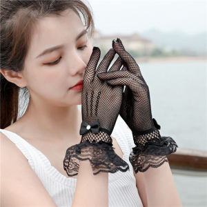 【♡Lovely girls house♡】Elegant Short Lace Bow Gloves for Women Fishnet Black White Fashion Soild Color Gloves Wedding Parties Accessories