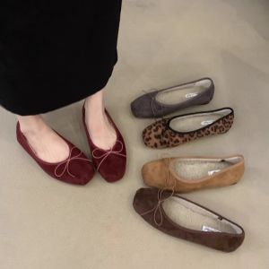 Winter New Square Toe Shallow Pile Flat Ballet Shoes Versatile Leopard Print Evening Single Shoes Scoop Shoes Beanie Shoes