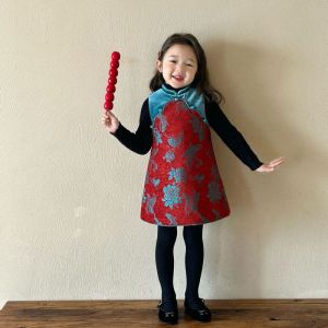 Winter New Childrens Clothing Chinese Style New Years Cheongsam Dress Girls Color Block Cotton Insert Qipao Skirt with Buttons