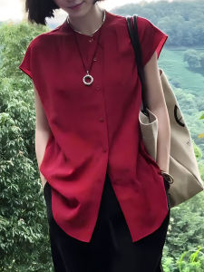 UYFY | Áo sơ mi nữ tay ngắn cổ tròn nút màu đỏ thanh lịch mùa hè mới thời trang thường ngày dáng rộng thoải mái chất liệu khác