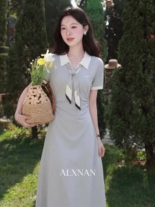 Đầm Hè Elegance Irregular Cinching eo màu xanh sương mù
