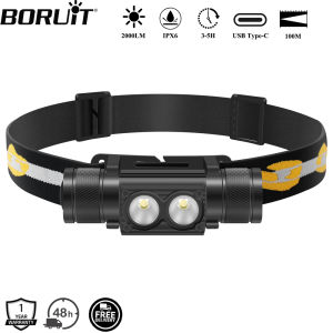 BORUiT D25 Dual LED Headlamp 2000LM Powerful Headlight Type-C Rechargeable 18650 Head Torch Waterproof Camping Fishing Lantern