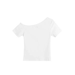 YUEZHONGWEI | White Asymmetric Design Short Sleeve Slim Fit Summer T-Shirt Womens Fashionable Shoulder Bared Mini Top Korean Style Commute