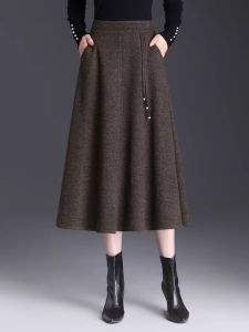 High Waist A-Line Midi Skirt Womens Spring Autumn Winter Woolen Umbrella Skirt Pleated Slimming Hip Covering Commute Style