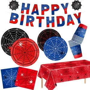 Hasbro | Spider Birthday Party Disposable Tableware Set Spider Web Theme Paper Plates Napkins Cups Tablecloth Banner for Celebrations