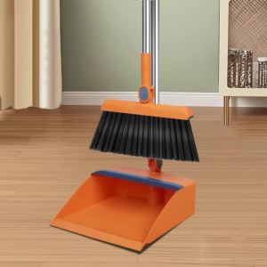 Broom and Dust Tray Set with Comb Teeth Windproof Long Handle Vertical Mop Kit for Indoor and Outdoor Garage Kitchen Room Lobby