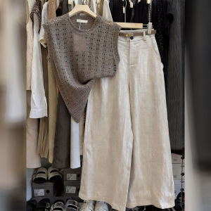 DANTING | Elegant and Retro Style Casual Knit Vest and Wide Leg Pants Suit Beige Hollow Out