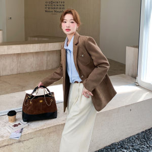 Light Coffee Suede Vest Casual Commute Style Womens Suit Jacket Autumn New Arrival Elegant Fashionable Long Sleeve Coat