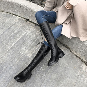 Genuine Leather Martin Boots Womens British Style Winter Thick Bottom High Tube Slim Long Boots with Fur Lining Knight Boots